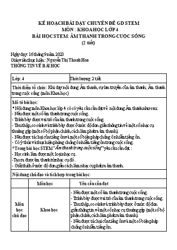 Bài học STEM môn Khoa học Lớp 4 - Bài: Âm thanh trong cuộc sống - Nguyễn Thị Thanh Hoa