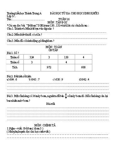 Bài học từ xa các môn Lớp 3 - Tuần 16 - Năm học 2021-2022 - Trường Tiểu học Thành Trung A