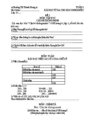 Bài học từ xa môn Toán, Tiếng Việt Lớp 3 - Tuần 1 - Năm học 2021-2022 - Trường Tiểu học Thành Trung A