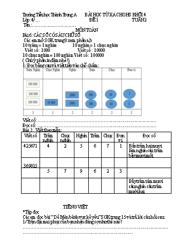 Bài học từ xa môn Toán, Tiếng Việt Lớp 4 - Tuần 2 - Trường Tiểu học Thành Trung A