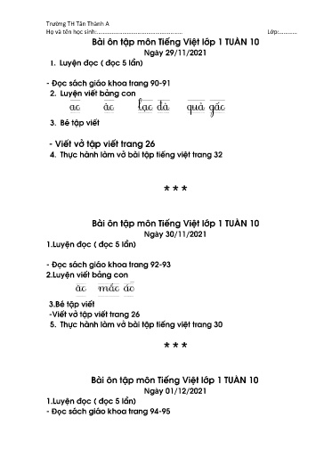 Bài ôn tập các môn Lớp 1 - Tuần 10 - Năm học 2021-2022 - Trường Tiểu học Tân Thành A