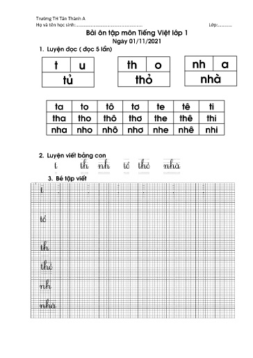 Bài ôn tập các môn Lớp 1 - Tuần 6 - Năm học 2021-2022 - Trường Tiểu học Tân Thành A