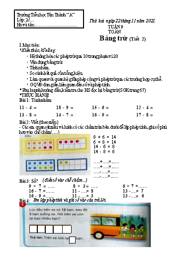 Bài ôn tập các môn Lớp 2  - Tuần 9 -  Năm học 2021-2022 - Trường Tiểu học Tân Thành A
