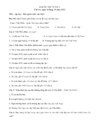 Bài ôn tập Khối 5 - Tuần 2 - Năm học 2021-2022