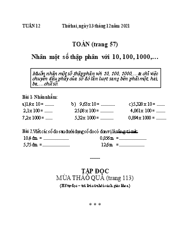Bài ôn tập Lớp 5 - Tuần 12 - Năm học 2021-2022
