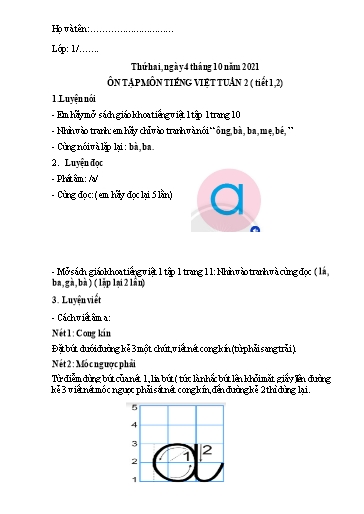 Bài ôn tập môn Tiếng Việt Lớp 1 - Tuần 2 - Năm học 2021-2022 - Trường Tiểu học Tân Thành A