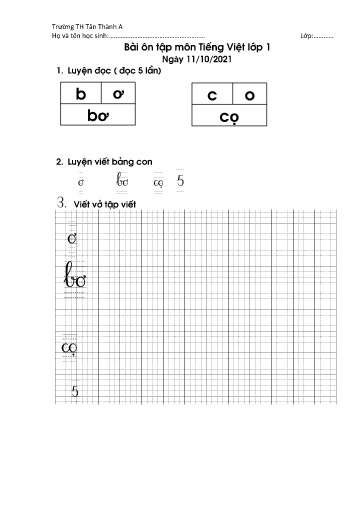 Bài ôn tập môn Tiếng Việt Lớp 1 - Tuần 3 - Năm học 2021-2022 - Trường Tiểu học Tân Thành A