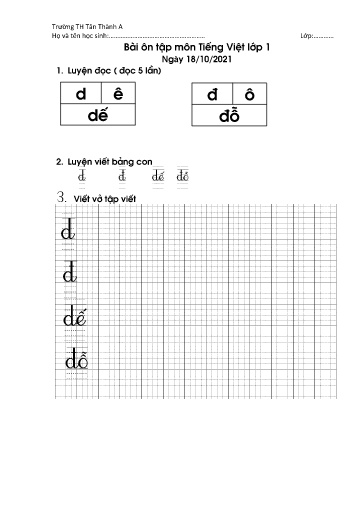 Bài ôn tập môn Tiếng Việt Lớp 1 - Tuần 4 - Năm học 2021-2022 - Trường Tiểu học Tân Thành A