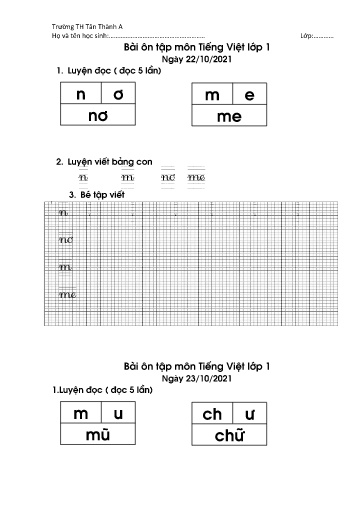 Bài ôn tập môn Tiếng Việt Lớp 1 - Tuần 5 - Năm học 2021-2022 - Trường Tiểu học Tân Thành A