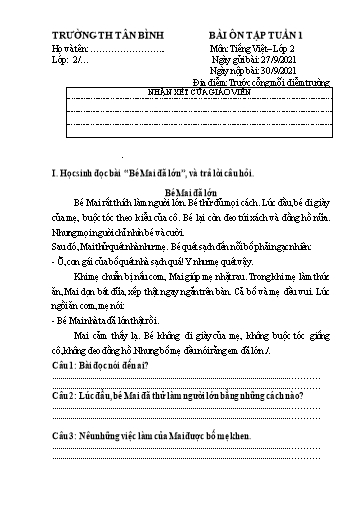 Bài ôn tập môn Tiếng Việt Lớp 2 - Tuần 1 - Năm học 2021-2022 - Trường Tiểu học Tân Bình