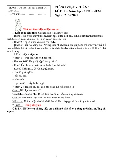 Bài ôn tập môn Tiếng Việt Lớp 2 - Tuần 1 - Năm học 2021-2022 - Trường Tiểu học Tân An Thạnh “A”
