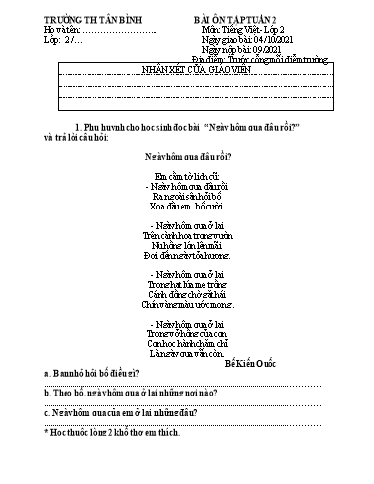 Bài ôn tập môn Tiếng Việt Lớp 2 - Tuần 2 - Năm học 2021-2022 - Trường Tiểu học Tân Bình