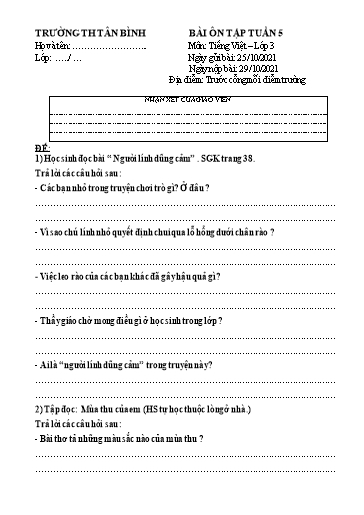 Bài ôn tập môn Tiếng Việt Lớp 3 - Tuần 5, 6 - Năm học 2021-2022 - Trường Tiểu học Tân Bình
