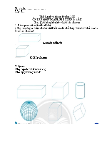 Bài ôn tập môn Toán Lớp 1 - Tuần 2 - Năm học 2021-2022 - Trường Tiểu học Tân Thành A