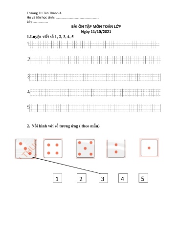Bài ôn tập môn Toán Lớp 1 - Tuần 3 - Năm học 2021-2022 - Trường Tiểu học Tân Thành A