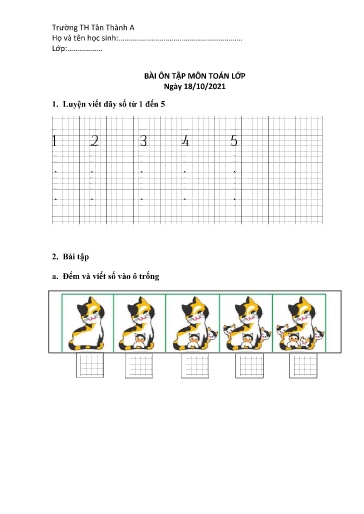 Bài ôn tập môn Toán Lớp 1 - Tuần 4 - Năm học 2021-2022 - Trường Tiểu học Tân Thành A