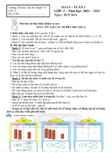 Bài ôn tập môn Toán Lớp 2 - Tuần 1 - Năm học 2021-2022 - Trường Tiểu học Tân An Thạnh “A”