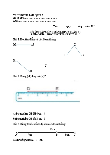 Bài ôn tập môn Toán Lớp 2 - Tuần 3 - Năm học 2021-2022 - Trường Tiểu học Tân Quới A