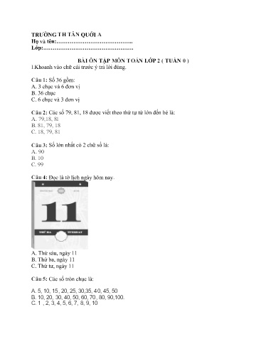 Bài ôn tập môn Toán, Tiếng Việt Lớp 2 - Tuần 0 - Năm học 2021-2022 - Trường Tiểu học Tân Quới A (Có đáp án)