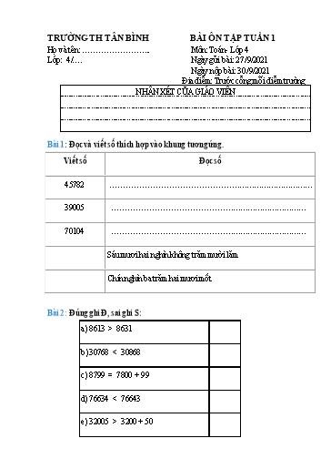 Bài ôn tập môn Toán, Tiếng Việt Lớp 4 - Tuần 1 - Năm học 2021-2022 - Trường Tiểu học Tân Bình