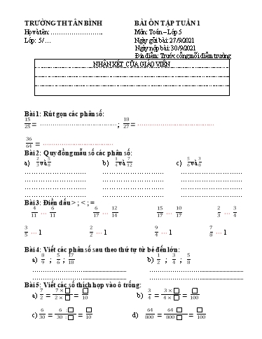 Bài ôn tập môn Toán, Tiếng Việt Lớp 5 - Tuần 1 - Năm học 2021-2022 - Trường Tiểu học Tân Bình