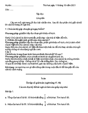 Bài ôn tập môn Toán, Tiếng Việt Lớp 5 - Tuần 3 - Năm học 2021-2022 (Có đáp án)