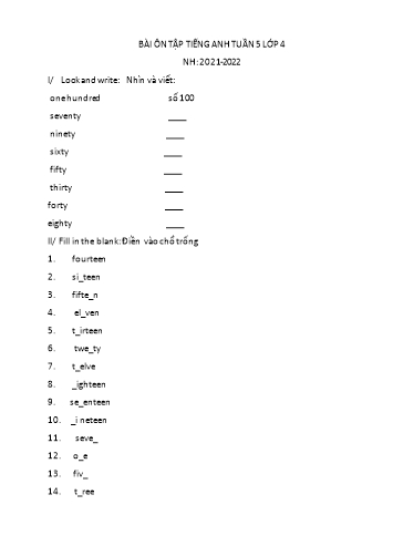 Bài ôn tập Tiếng Anh Lớp 4 - Tuần 5 - Năm học 2021-2022