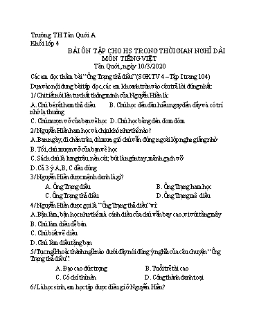 Bài ôn tập Tiếng Việt Lớp 4 - Ngày 10/3 - Năm học 2019-2020 - Trường Tiểu học Tân Quới A
