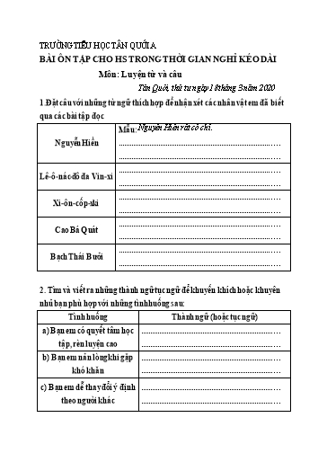 Bài ôn tập Tiếng Việt Lớp 4 - Ngày 18/3 - Năm học 2019-2020 - Trường Tiểu học Tân Quới A