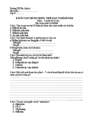 Bài ôn tập Tiếng Việt Lớp 4 - Ngày 22/4 - Năm học 2019-2020 - Trường Tiểu học Tân Quới A