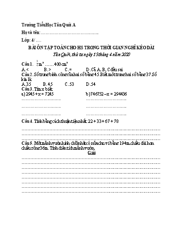 Bài ôn tập Toán Lớp 4 - Ngày 15/4 - Năm học 2019-2020 - Trường Tiểu học Tân Quới A