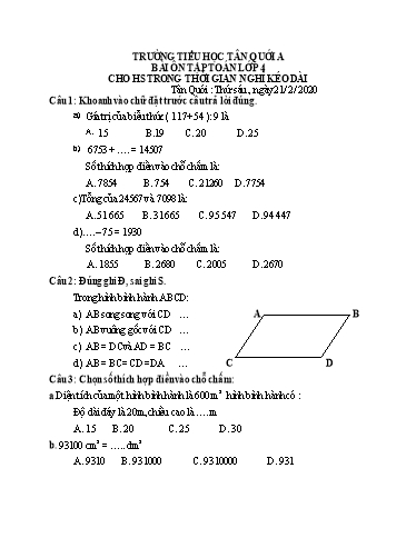 Bài ôn tập Toán Lớp 4 - Ngày 21/2 - Năm học 2019-2020 - Trường Tiểu học Tân Quới A