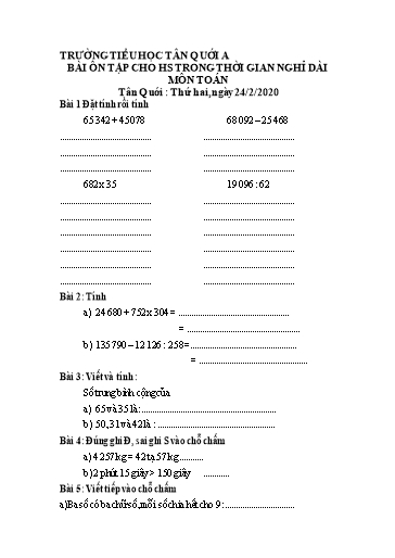 Bài ôn tập Toán Lớp 4 - Ngày 24/2 - Năm học 2019-2020 - Trường Tiểu học Tân Quới A