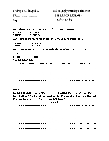Bài ôn tập Toán Lớp 4 - Từ 20/4 đến 24/4 - Năm học 2019-2020 - Trường Tiểu học Tân Quới A