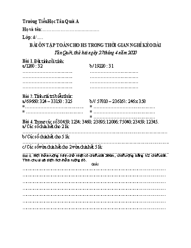 Bài ôn tập Toán Lớp 4 - Từ 27/4 đến 1/5 - Năm học 2019-2020 - Trường Tiểu học Tân Quới A