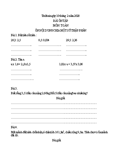 Bài ôn tập Toán Lớp 5 - Ngày 10/2 - Năm học 2019-2020 - Trường Tiểu học Tân Quới A