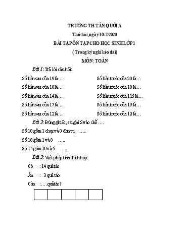 Bài ôn tập Toán, Tiếng Việt Lớp 1 - Ngày 10/2 - Năm học 2019-2020 - Trường Tiểu học Tân Quới A