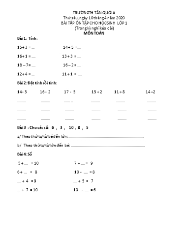 Bài ôn tập Toán, Tiếng Việt Lớp 1 - Ngày 10/4 - Năm học 2019-2020 - Trường Tiểu học Tân Quới A
