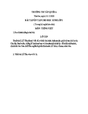 Bài ôn tập Toán, Tiếng Việt Lớp 1 - Ngày 11/2 - Năm học 2019-2020 - Trường Tiểu học Tân Quới A