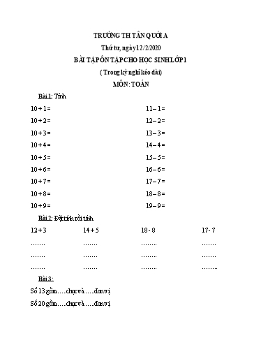 Bài ôn tập Toán, Tiếng Việt Lớp 1 - Ngày 12/2 - Năm học 2019-2020 - Trường Tiểu học Tân Quới A