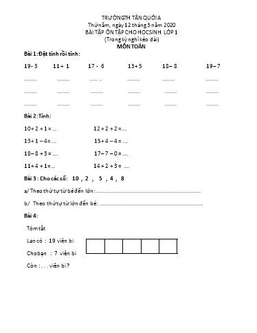 Bài ôn tập Toán, Tiếng Việt Lớp 1 - Ngày 12/3 - Năm học 2019-2020 - Trường Tiểu học Tân Quới A