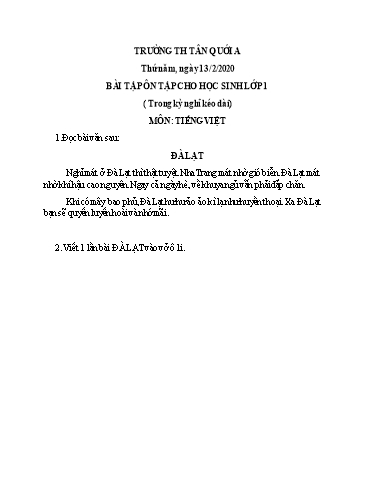 Bài ôn tập Toán, Tiếng Việt Lớp 1 - Ngày 13/2 - Năm học 2019-2020 - Trường Tiểu học Tân Quới A