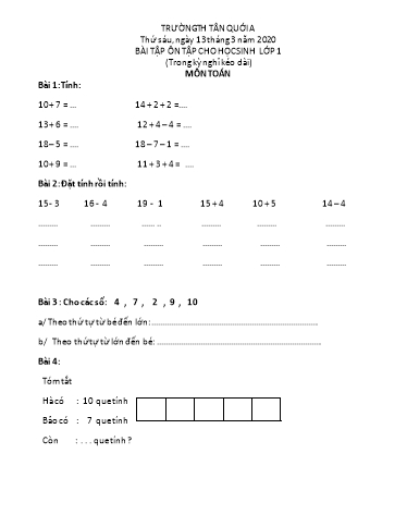 Bài ôn tập Toán, Tiếng Việt Lớp 1 - Ngày 13/3 - Năm học 2019-2020 - Trường Tiểu học Tân Quới A