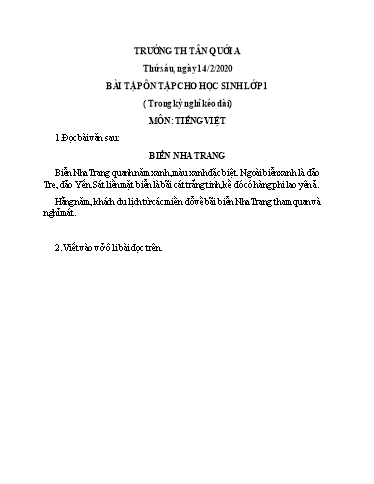 Bài ôn tập Toán, Tiếng Việt Lớp 1 - Ngày 14/2 - Năm học 2019-2020 - Trường Tiểu học Tân Quới A