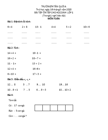 Bài ôn tập Toán, Tiếng Việt Lớp 1 - Ngày 16/3 - Năm học 2019-2020 - Trường Tiểu học Tân Quới A