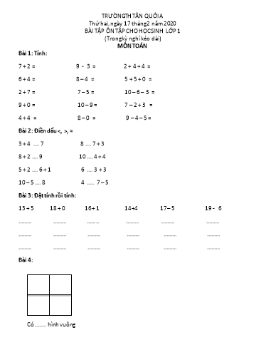 Bài ôn tập Toán, Tiếng Việt Lớp 1 - Ngày 17/2 - Năm học 2019-2020 - Trường Tiểu học Tân Quới A