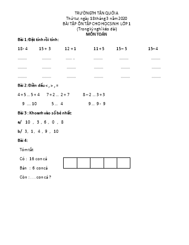 Bài ôn tập Toán, Tiếng Việt Lớp 1 - Ngày 18/3 - Năm học 2019-2020 - Trường Tiểu học Tân Quới A