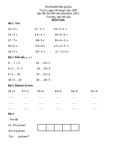 Bài ôn tập Toán, Tiếng Việt Lớp 1 - Ngày 19/2 - Năm học 2019-2020 - Trường Tiểu học Tân Quới A