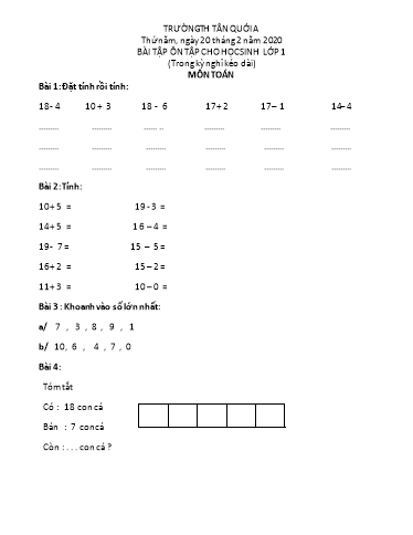 Bài ôn tập Toán, Tiếng Việt Lớp 1 - Ngày 20/2 - Năm học 2019-2020 - Trường Tiểu học Tân Quới A