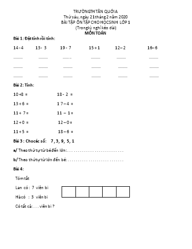 Bài ôn tập Toán, Tiếng Việt Lớp 1 - Ngày 21/2 - Năm học 2019-2020 - Trường Tiểu học Tân Quới A